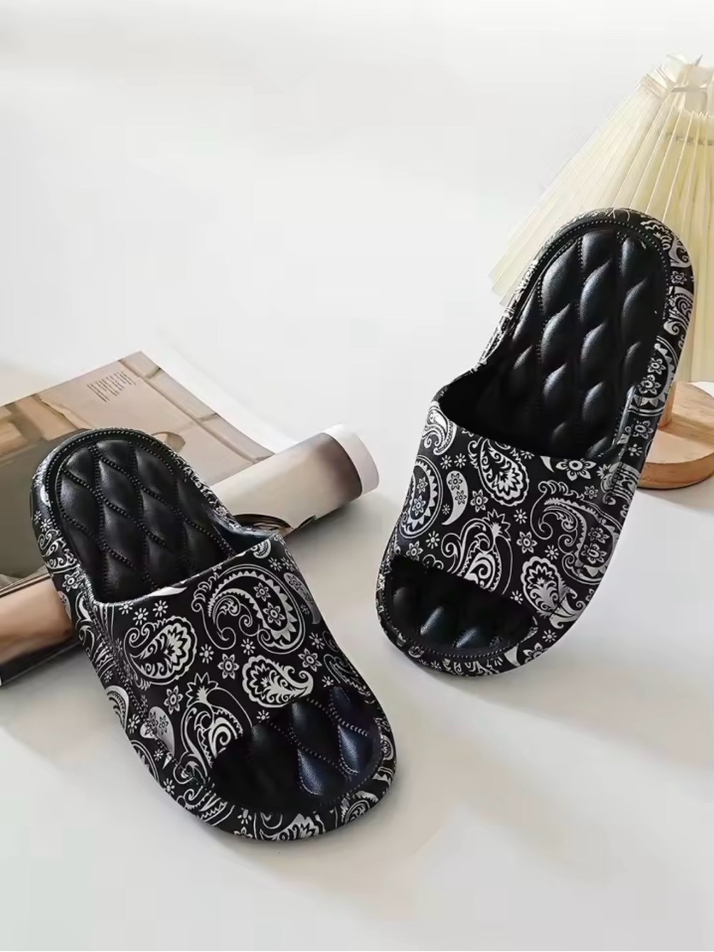 Black Paisley Slide Slippers | Padded Comfort Cloud Slides